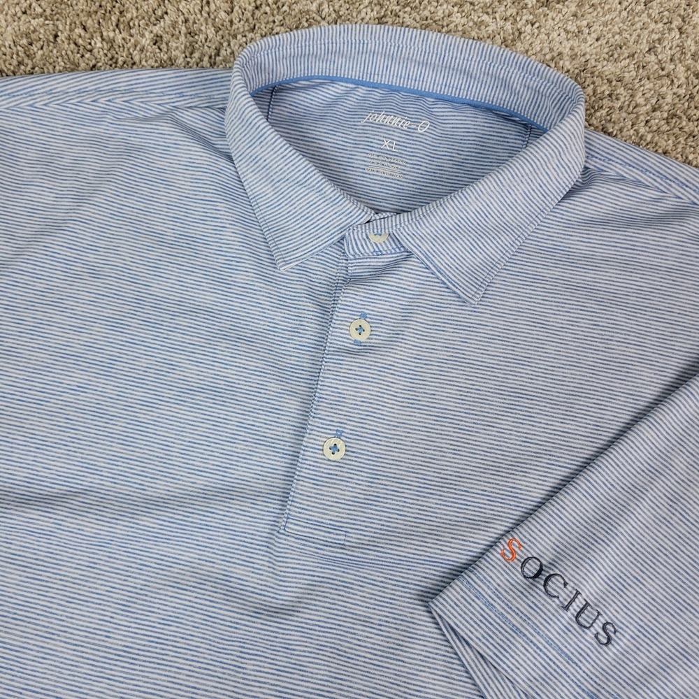 Johnnie‎ O Mens XL Blue White Striped Performance Stretch Polo Short Sleeve